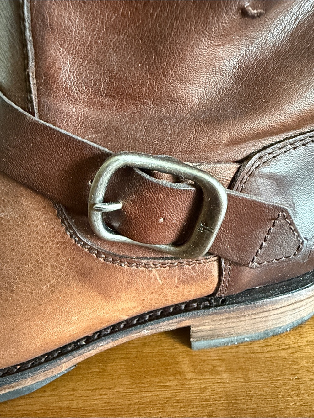NWOT-Frye Brown Leather Harness Heeled Ankle Boots - Picture 4 of 12